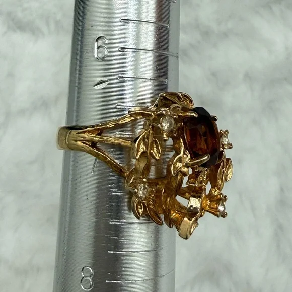 Vintage Floral Smoky Topaz Rhinestone Ring Gold Tone 18K HGE - Picture 10 of 15